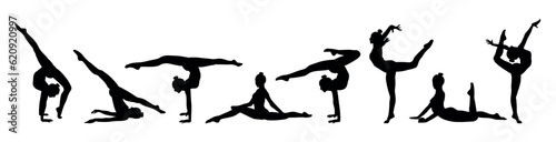 silhouettes of gymnastic poses black silhouette of asport women gymnastics girl silhouette Gymnast girl silhouette isolated 