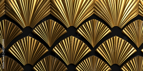 Seamless Golden Art Deco Palm Fan or Shell Line Pattern Vintage 1920 Abstract Geometric Arches Gold Plated Relief Sculpture on Black Background AI Generated