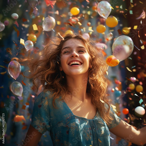 Teenage girl at her birthday party with confetti and balloons. Generative AI.