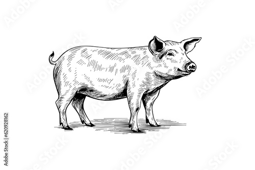 Vector illustration of pig in engraving style, hand drawing sketch