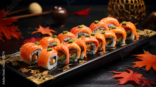 ai generated autumn halloween Japanese food sushi, sashimi asian oriental yummy meal dish in restaurant menu.