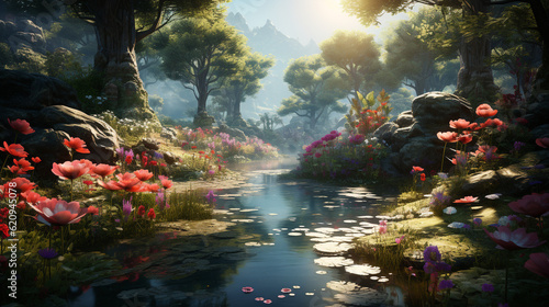 Fantasy landscape with a pond and red flowers ai generated