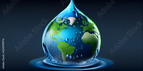 A drop of water with the continents of the planet Earth symbolically depicted right on it, close-up and on a blue background. Generative AI
