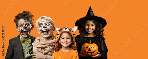 Kids Dressed for for Halloween on an Orange Banner with Space for Copy