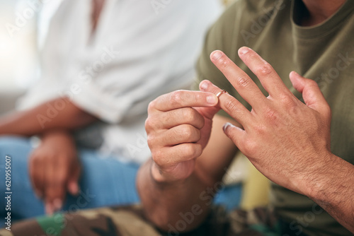 Hand closeup, ring and couple with a divorce, marriage problem or home crisis. House, mental health and a man leaving relationship with a wife or woman after fail, conflict or relationshp separation