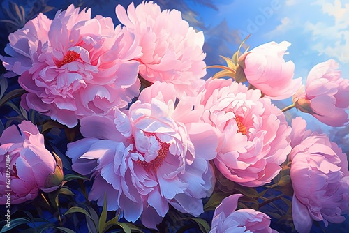 Fluffy pink color peonies with green leaves and blue sky background , flower illustration garden flowers for postcard decor wallpaper book Generative AI