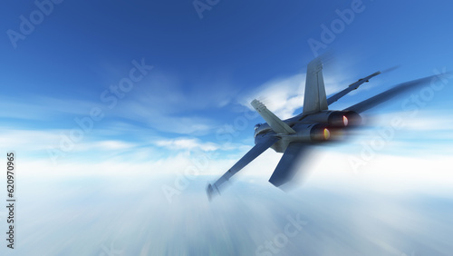 Fighter jet moving fast with fast motion movement bluring. 3D illustration.