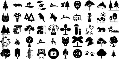 Massive Set Of Forest Icons Set Hand-Drawn Black Concept Elements Icon, Silhouette, Garden, Grove Graphic Vector Illustration