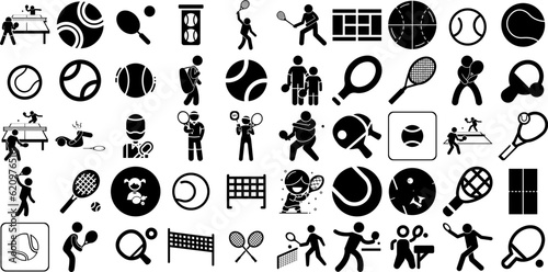 Mega Collection Of Tennis Icons Pack Black Infographic Symbols Court, Icon, Tennis, Set Elements Isolated On White