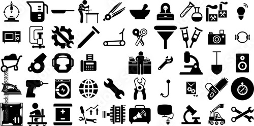 Massive Set Of Equipment Icons Collection Solid Modern Symbols Tool, Engineering, Speaker, Health Glyphs Isolated On White Background