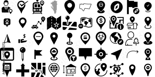 Big Collection Of Location Icons Bundle Hand-Drawn Linear Drawing Web Icon Geolocation, Pointer, Navigator, Orientation Symbols Vector Illustration