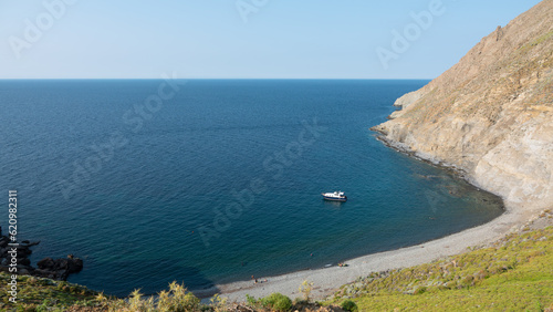 Wide angle view of Blue bay (Mavi Koy) seascape next to Gokceada Yildiz Bay underwater national park. Imbros island, Canakkale, Turkey