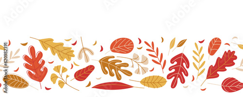 Seamless border with autumn leaves. Vector illustration in doodle style. Flat repeated background. Horizontal seamless pattern for decoration, printing, packaging, fabric, textiles, embroidery.