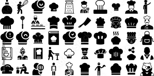 Massive Set Of Chef Icons Collection Black Drawing Pictograms Icon, Toque, Chef, Receipe Pictograph Isolated On Transparent Background