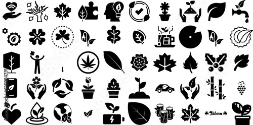 Big Collection Of Leaf Icons Collection Hand-Drawn Black Infographic Signs Silhouette, Global, Trinity, Set Symbol Isolated On White Background