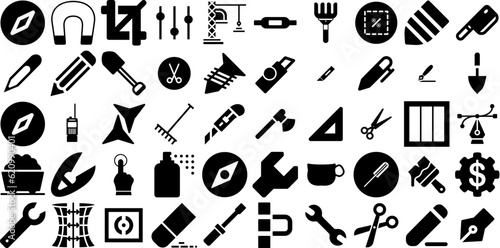 Mega Collection Of Tool Icons Pack Isolated Modern Pictogram Set, Trimming, Tool, Engineering Silhouettes Isolated On White
