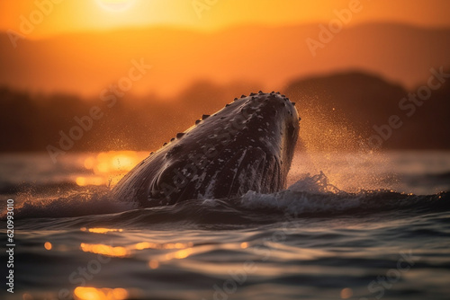 Gray whale breaching in the sunset, Whale, bokeh 