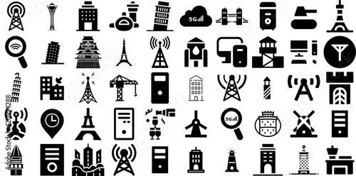 Big Collection Of Tower Icons Collection Linear Concept Clip Art Tower, Icon, Aerial, Spot Pictograms Vector Illustration