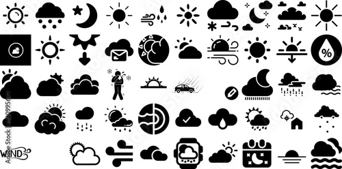 Massive Set Of Weather Icons Set Hand-Drawn Black Design Symbols Symbol, Icon, Forecast, Weather Forecast Signs Isolated On White Background