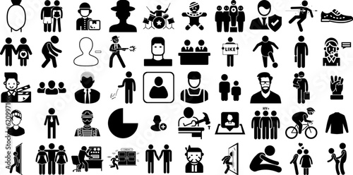 Huge Collection Of Man Icons Pack Hand-Drawn Solid Concept Pictogram Workwear, Carrying, Profile, Silhouette Pictogram Isolated On White Background