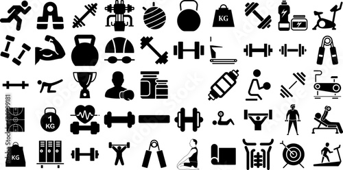 Massive Collection Of Gym Icons Pack Hand-Drawn Linear Infographic Pictograms Wellness, Icon, Shoe, Health Elements Isolated On White Background