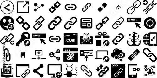 Huge Set Of Link Icons Bundle Hand-Drawn Black Modern Glyphs Symbol, Icon, Open, Border Graphic Isolated On White Background