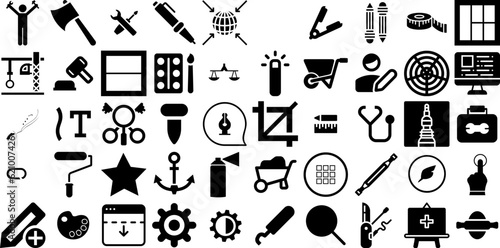 Massive Collection Of Tool Icons Pack Solid Design Elements Tool, Engineering, Trimming, Set Pictogram Isolated On Transparent Background