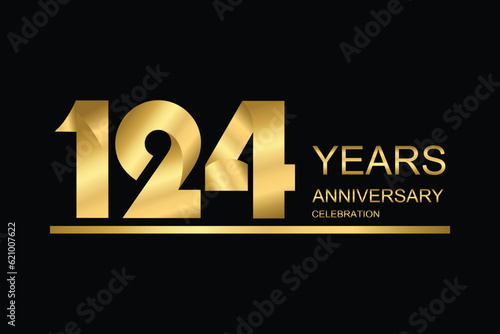 124 year anniversary vector banner template. gold icon isolated on black background.