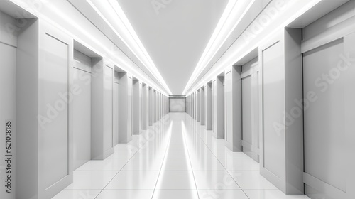 White blurry background of a corridor in a skyscraper. made using generative AI tools