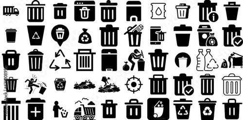 Big Collection Of Garbage Icons Pack Hand-Drawn Black Infographic Pictogram Trash, Litter, Scrap, Icon Symbol Isolated On Transparent Background