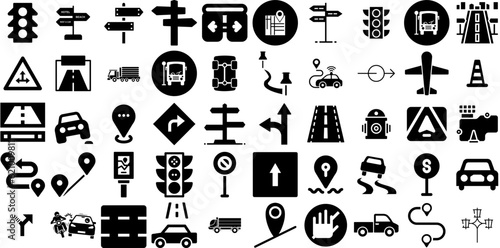 Huge Collection Of Road Icons Collection Black Modern Glyphs Distant, Icon, Way, Pointer Glyphs Isolated On Transparent Background