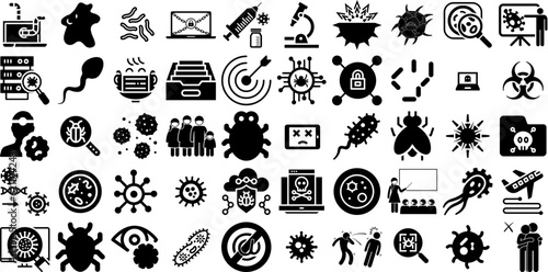 Massive Collection Of Virus Icons Pack Hand-Drawn Black Concept Pictograms Microorganism, Icon, Strand, Threat Silhouettes Isolated On Transparent Background