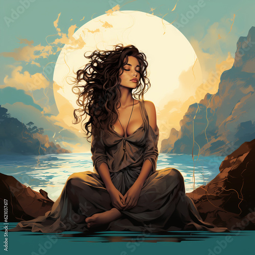 Digital illustration, 3D sexy woman brunette sitting on the rock with crossed legs, peaceful quiet meditation, long hair. Stylish low-cut dress. Ai, fantastic background with sea at sundown
