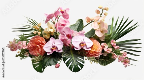 Flower arrangement with orchids and palm leaves isolated on white background. Generative AI