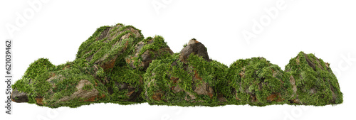 Architectural and landscape concept. Top and side view grey stone with moss isolated on transparent background. 3d rendering illustration. PNG format 