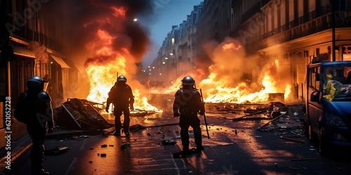 civil people against the goverment, riots against the police, burned cars and shops