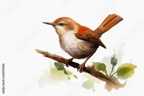 Watercolor painted wren bird on a white background.