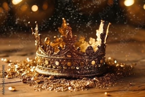 Beautiful monarchs or kings crown lazily perched on a glitter-coated gold table. aging the filter. Middle Ages Fantasy