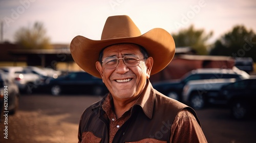 Smiling senior hispanic man wearing a cowboy hat looking at the camera