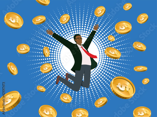 ドル高、金融のイメージのフラットイラスト：ジャンプする黒人男性ビジネスマンと爆発する通貨