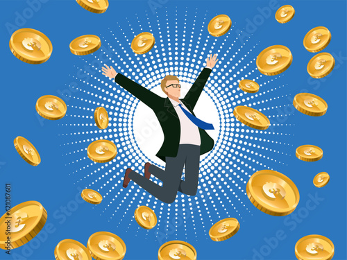 ユーロ高、金融のイメージのフラットイラスト：ジャンプする白人男性ビジネスマンと爆発する通貨