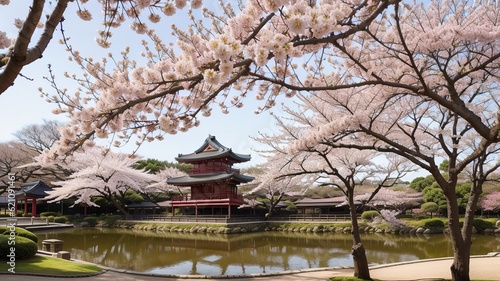 traditional Japanese blooming sakura red bloom corner. Creative resource, AI Generated