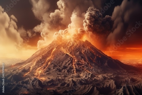 Apocalyptic volcanic scene with smoke and ash clouds and hot, streaming lava. A potentially dangerous natural environment. An active volcanos eruption. using digital