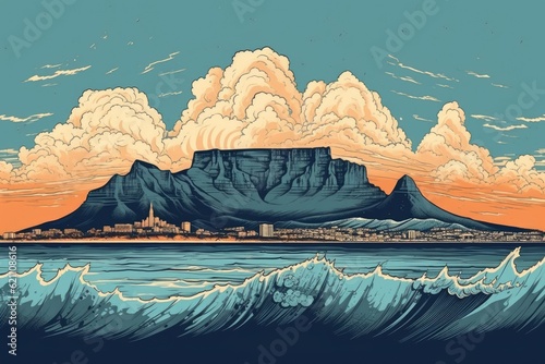 vista of Table Mountain in Cape Town drawing style, hand drawn style, vintage poster illustration design, vintage surf poster design