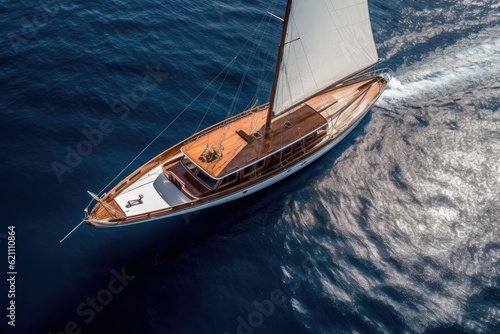 A contemporary wooden boat with a classic style sails on the water in an overhead picture. From above, a luxurious wooden boat travels over a pitch-black sea. Fast mot, an Italian traditional wooden