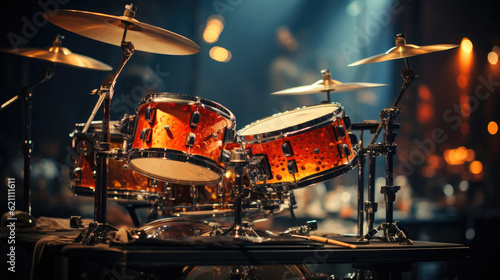 Close-up of a modern drum set on stage for concert