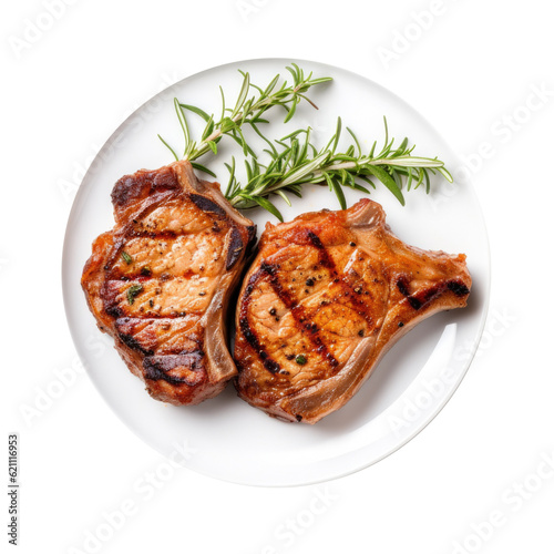 Plate of Grilled Pork Chops Isolated on a Transparent Background 