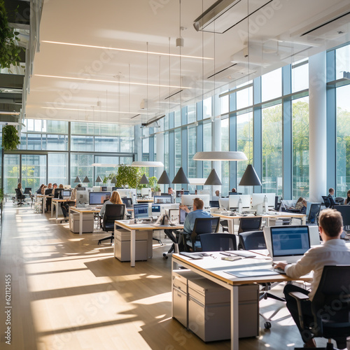 Vibrant open space office filled with natural light and bustling with productivity