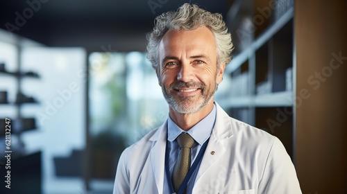 Portrait of physician doctor smiling happy looking to camera wearing lab coat and stethoscope in hallway in office hospital healthcare medical clinic give advice suggestions expertise, generative ai