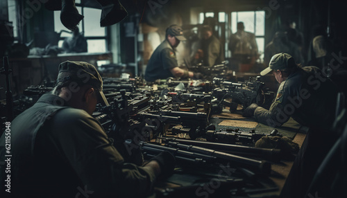 weapon factory worker assembling guns